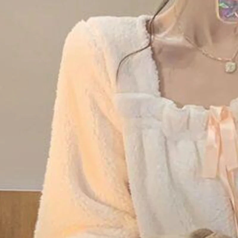 Autumn Winter New Women Clothing Korean Fashion Soft Fragrance Sleep Skirt with Velvet Warm Lace Comfort Home Clothes Sleepskirt