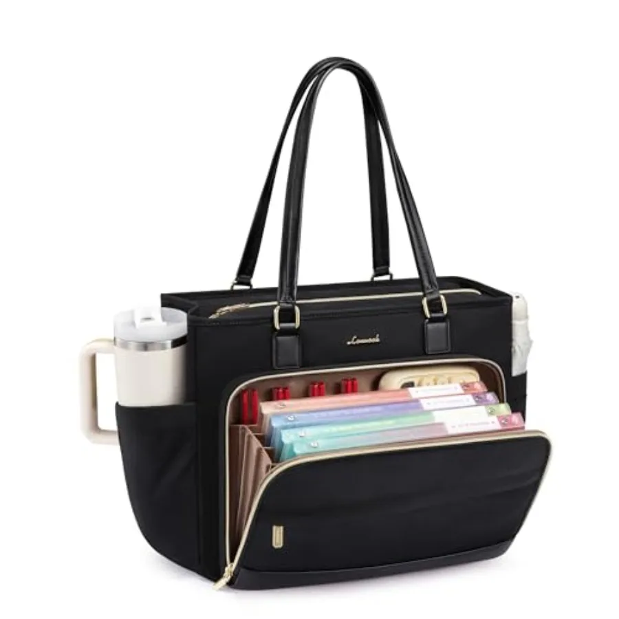 

LOVEVOOK Teacher Tote Bag, Laptop Bag for Women with Large Cup Holder and Accordion File Area, Work Tote Bag for Busess