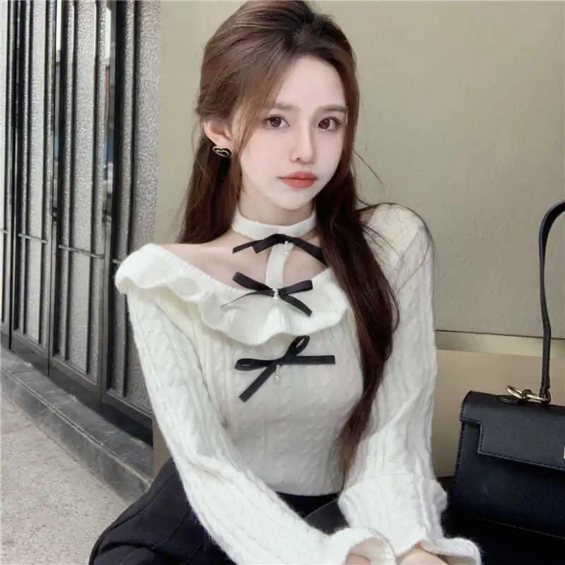 

Пуловеры женские модные с бантом нежные повседневные повседневные с лямкой на шее простые тонкие осенние женские свитера с длинными рукавами дизайн прекрасный Harajuku Ins