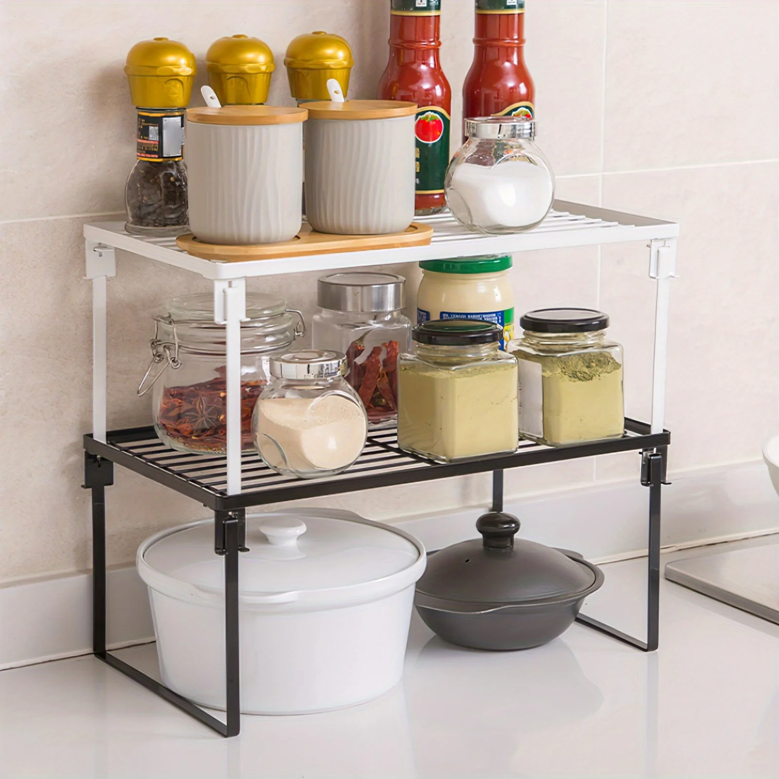 Stainless Steel Foldable Cabinet Organizer - 1Pc Tiered  Rack With Open Shelving For Kitchen  Kitchen Organizers And  Pantry Org