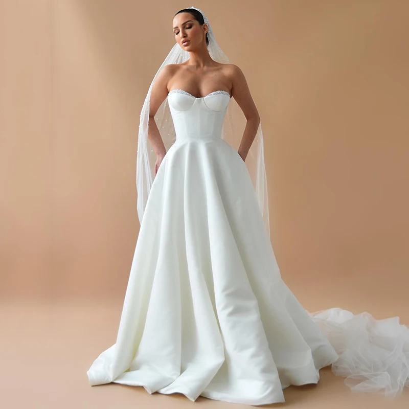 Elegante linha a vestidos de casamento 2023 querida beadings vestido de noiva com bolso branco personalizar para medidas elegante robe 2023