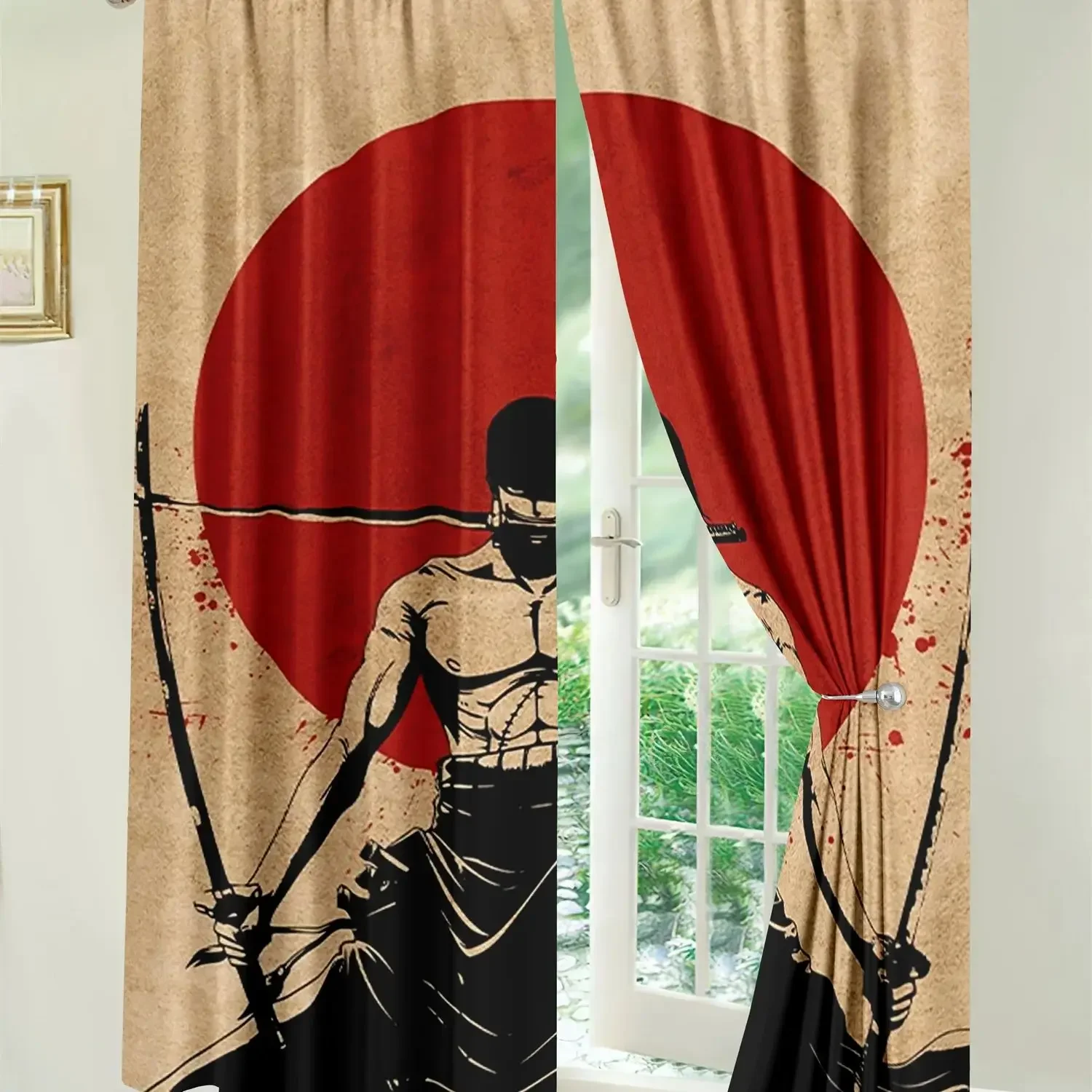 ญี่ปุ่นซามูไรสีดำกาแสงกรองม่านหน้าต่างสำหรับห้องครัวห้องรับแขกห้องนอน2ชิ้นตกแต่ง