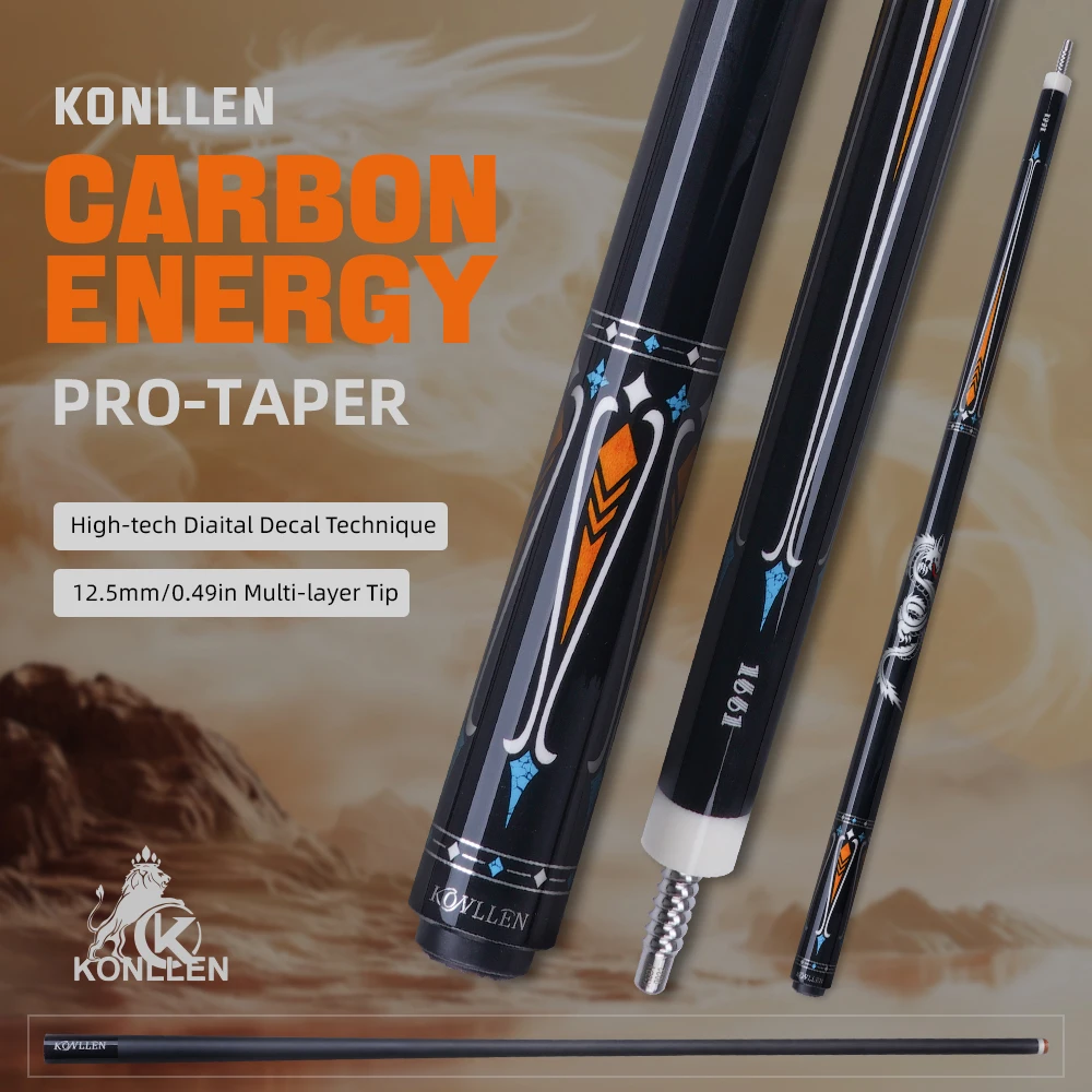 KONLLEN Carbon Fiber Pool Cue 2.0 Series, 58-inch Low Deflection Billiard Stick for Adults with 12.5mm Tip and Pro Taper Shaft