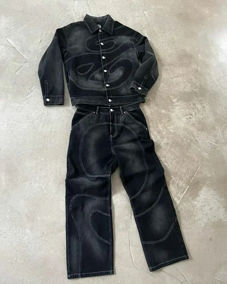 Jeans retrô bordados de cintura alta, soltos, finos, design de personalidade, estilo de rua alta, hip-hop, bordados, retos, pernas largas