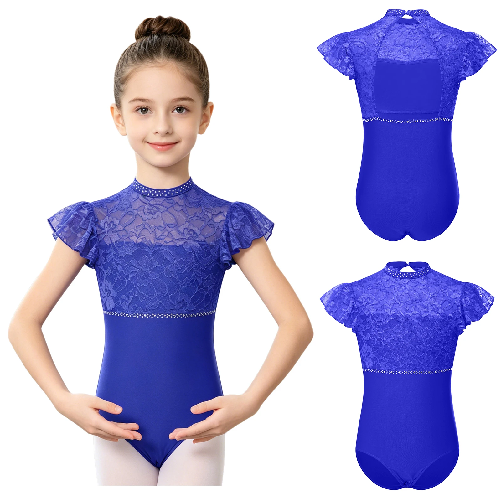 

Kids Girls Ballet Dance Leotard Lace Ruffled Sleeveless Cutout Back Rhinestones Bodysuit for School Recital Spring Night Wear