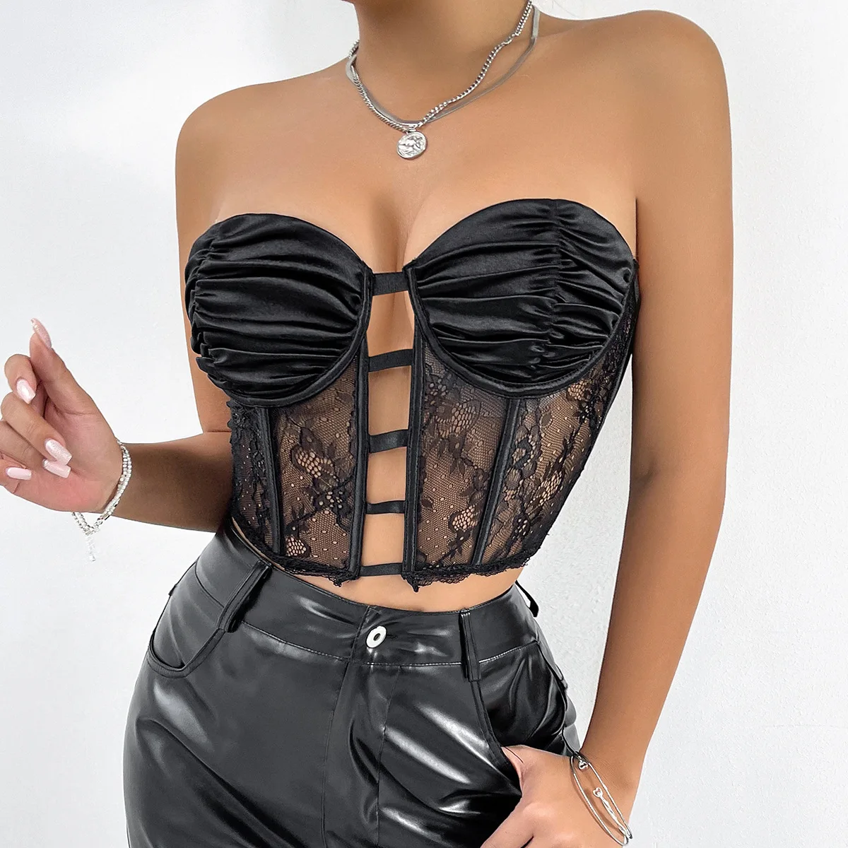 Spicy Girl Style sexy Perspective mesh Female Tube Tops Underwired Fish bone bra Tight fitting corset top Youth Elegant