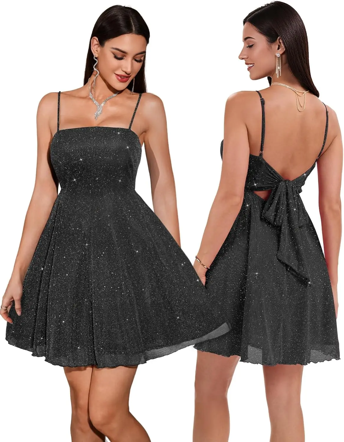 

Glitter Homecoming Dress, Sparkly Backless Bow Tie Spaghetti Strap Cocktail Party Aline Dresses Above Knee , Mini