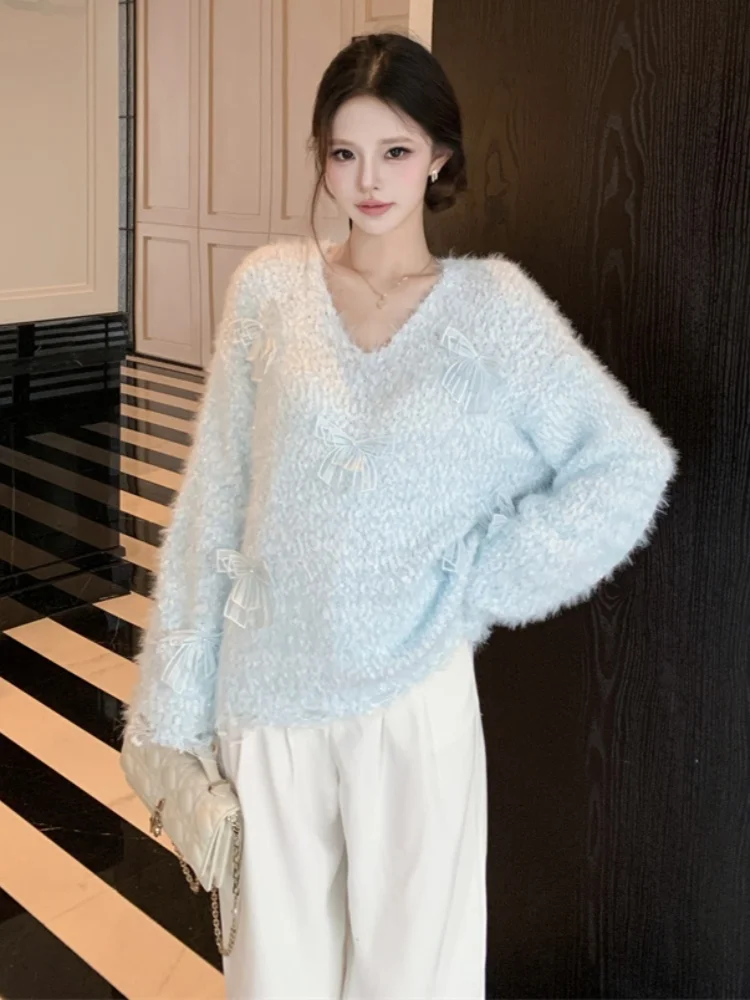 

SMTHMA Unique Beautiful Long Sleeved V-Neck Sweater For Women's New Autumn Winter Gentle Sweet Bow Knitted Top