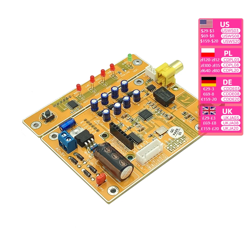 Nvarcher AK4118 Coaxial Fiber AES reception supports USB Bluetooth card 192K/24bit DIR digital receiver board