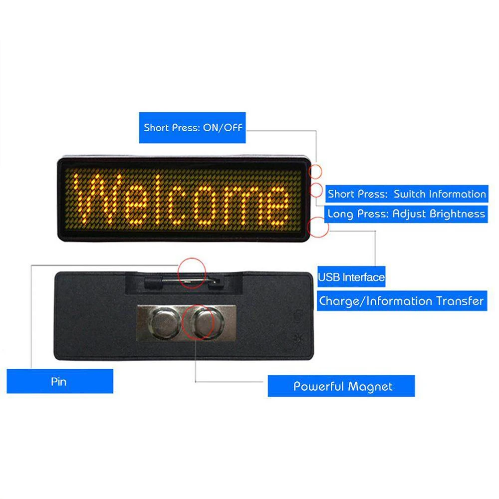 Bluetooth LED Digital Badge Insignia DIY Programmable Scrolling Message Board Rechargeable Mini LED Display Name Badge