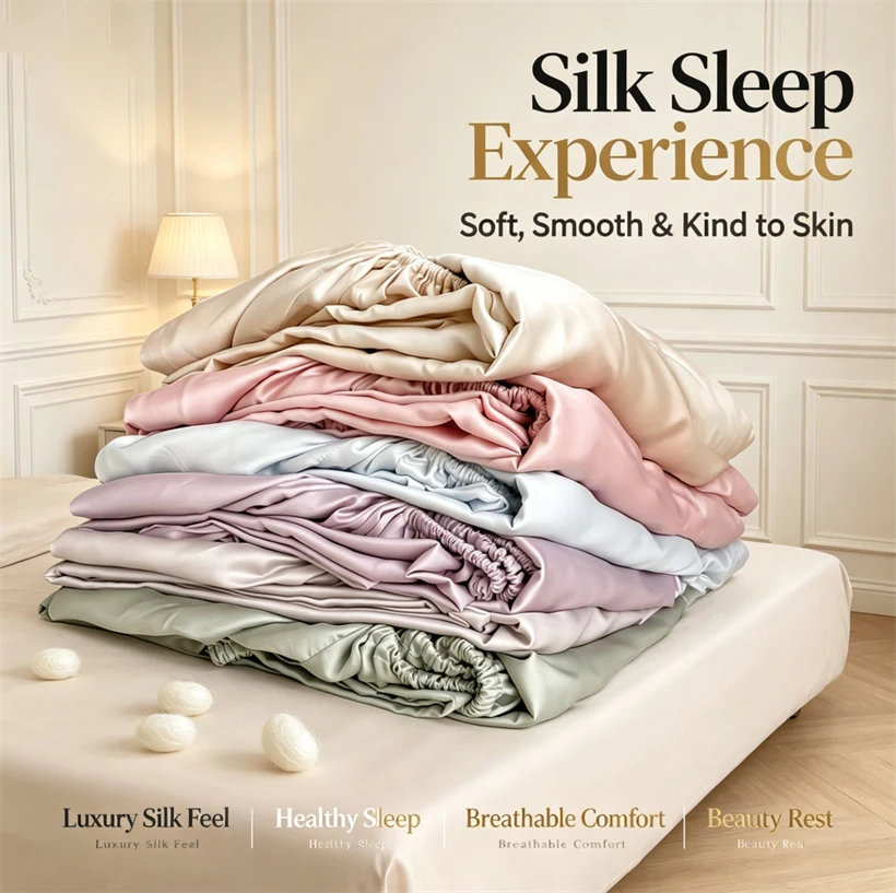 Natural Mulberry Silk Fitted Sheet Pure Color Silk Mattress Cover with Elastic Band Luxury High-End Bedding Sheet Queen King Bed