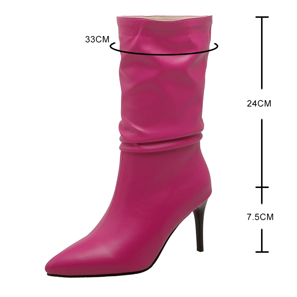 Sexy Rose Red Silver Pleated Mid-calf Boots Women Thin Heels Pointed Toe Dress Shoes Ladies Folded Middle Stilettos Ankle Boots