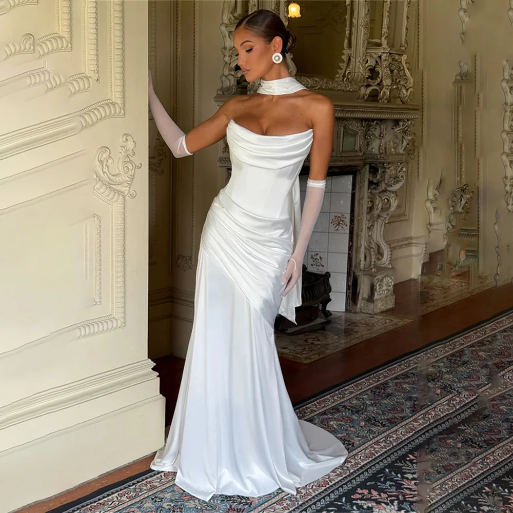 Simple Pleat Scoop Neckline Satin Sheath/Mermaid Wedding Dresses with Long Scalf Custom Made Vestido De Noival No Gloves
