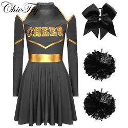 Womens Adult Cheerleader Cosplay Costume Halloween Cheerleading Uniform Long Sleeve Cheer Up Dance Dress with Pom Poms Hair Tie