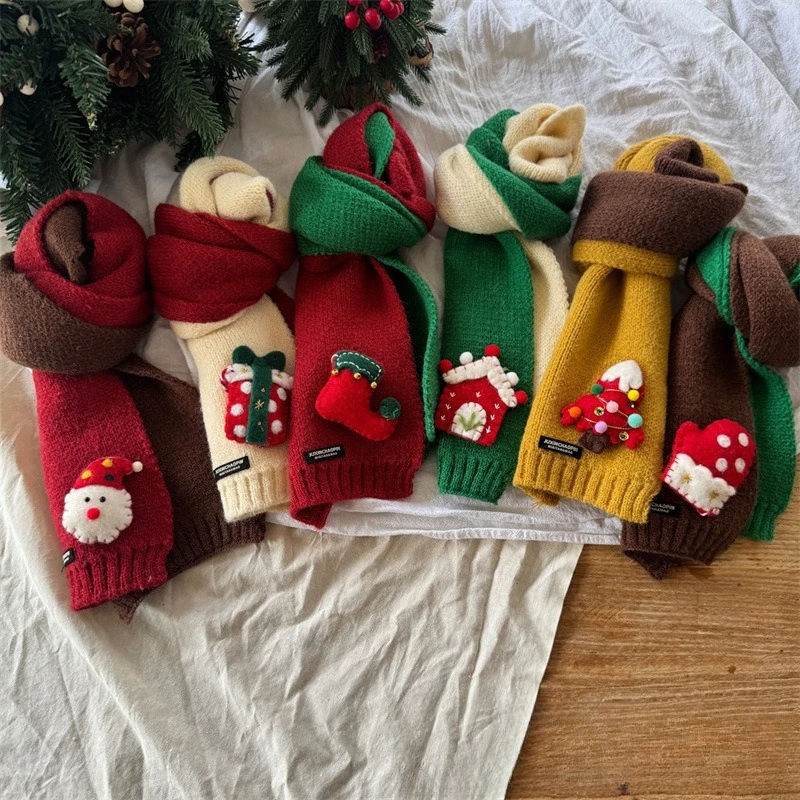 

Детский рождественский двухцветный шарф, теплый холодный осенне-зимний шарф унисекс для мальчиков и девочек с мультяшной плюшевой куклой Санта-Клауса