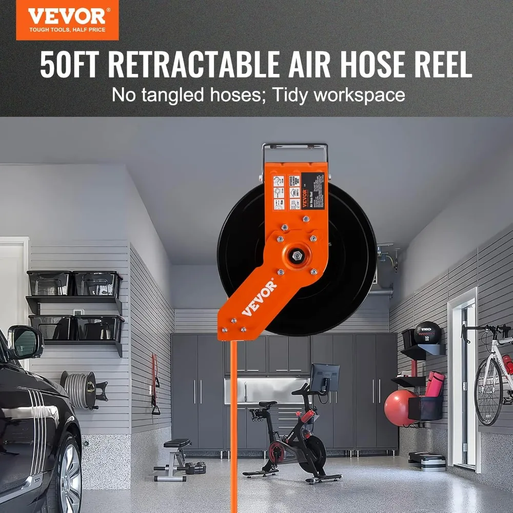 VEVOR Carretel Retrátil para Mangueira de Ar 3/8\" x 50 Pés, Mangueira Híbrida 300PSI, com 5 Pés de Mangueira de Conexão e Carretel de Aço de Braço Único para Montagem em Teto ou Parede