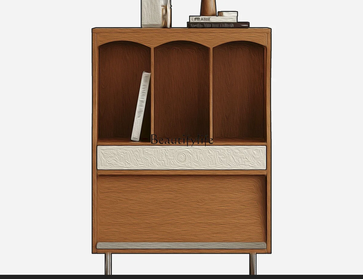

z.*Retro cherry wood bucket cabinet, all solid wood sofa side cabinet, living room bookshelf display, bedroom storage cabinet