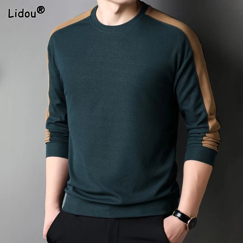 Jersey de manga larga con cuello redondo para hombre, Tops de punto, parte inferior, Patchwork, Waffle, ajuste sólido, moda, otoño e invierno, nuevo