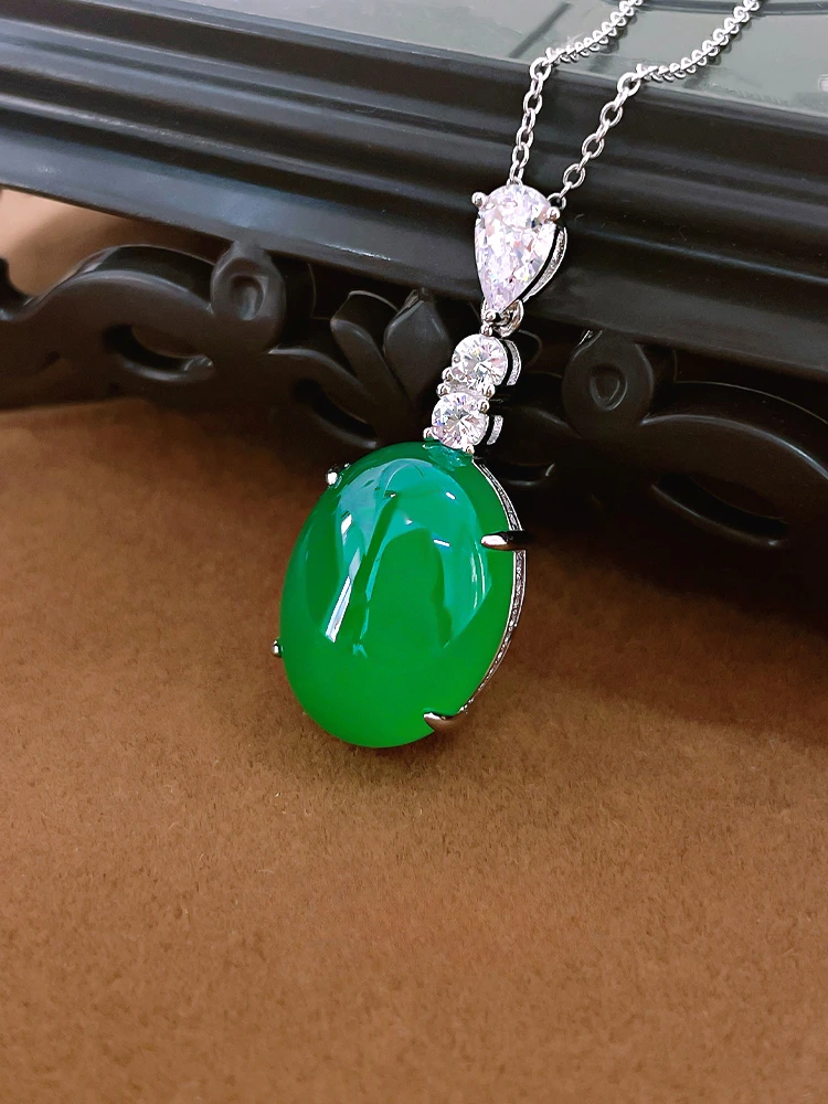 Ice Fluorescent Green Chalcedony 925 Silver Pendant with High Carbon Diamond Inlay, Niche Design, Retro and High-end Feel