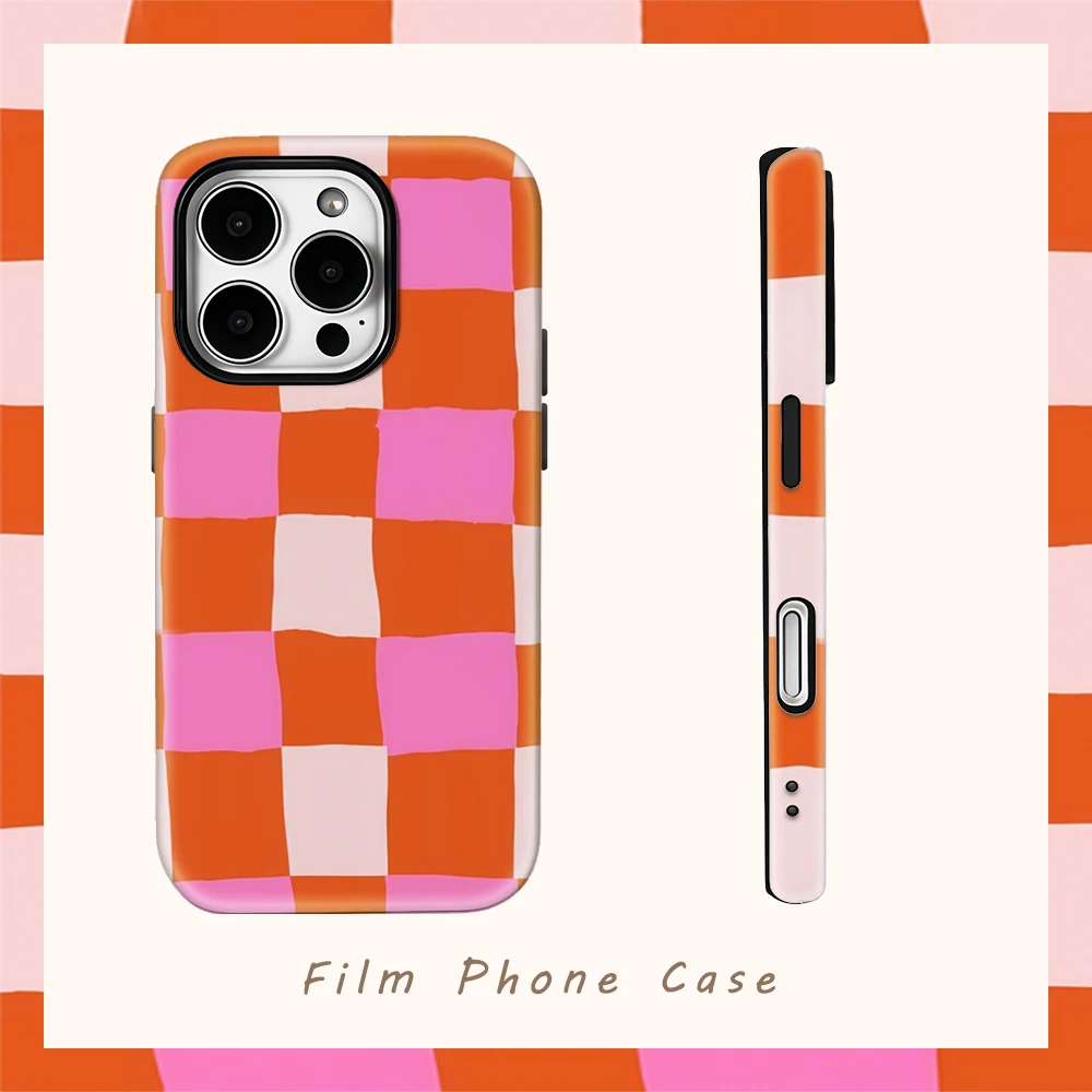 Rosa und orange Gingham-Handyhülle für iPhone 17AIR 16E 16 15 14 13 12 11 17 Pro Max Plus, doppellagige Rückseite