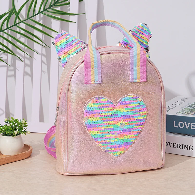 

New Fashion Rainbow Sequin Peach Heart Backpack Portable Shoulder Bag Trendy Rainbow Strap Bag