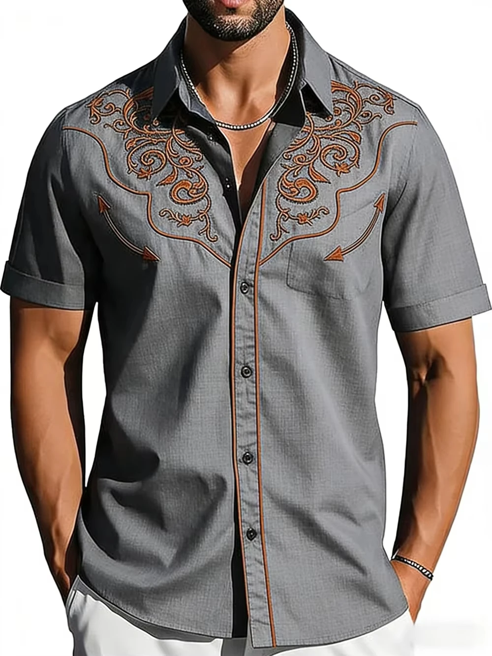 Men White Western Cowboy Orange Scroll Embroidery Short Sleeve Shirt Turn Down Collar Chest Pocket Country Casual Tops