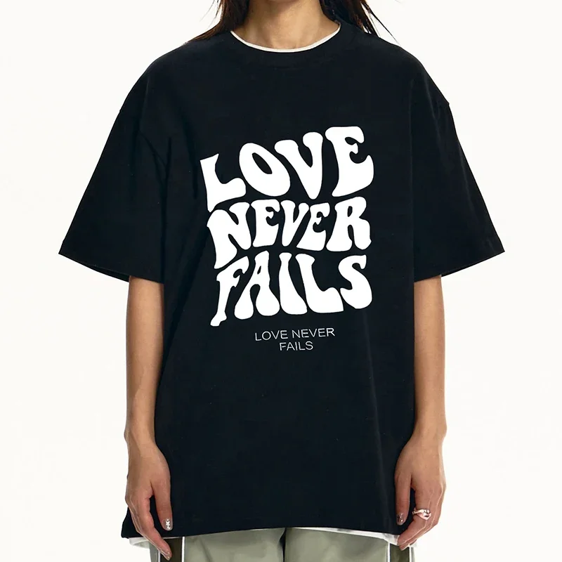 الحب لا يفشل أبدًا التصميم الأصلي زوجين تي شيرت المرأة القطن فضفاض الهيب هوب نمط بلايز المرأة شارع العليا تي شيرت الجولة الرقبة تيز #1