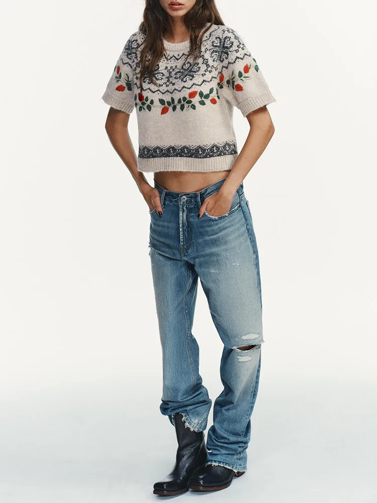 Top de Punto Dulce con Cuello Redondo, Manga Corta, Patrón Flordado, Nueva Llegada Invierno 2025, Moda Femenina Estilo ...