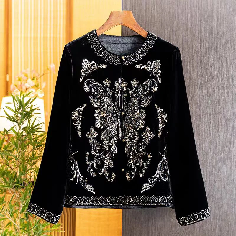 Autumn New Chinese style Silk + Velvet Fabric Exquisite Butterfly Beading Single-Breasted Women's Fashion Coat S-XL