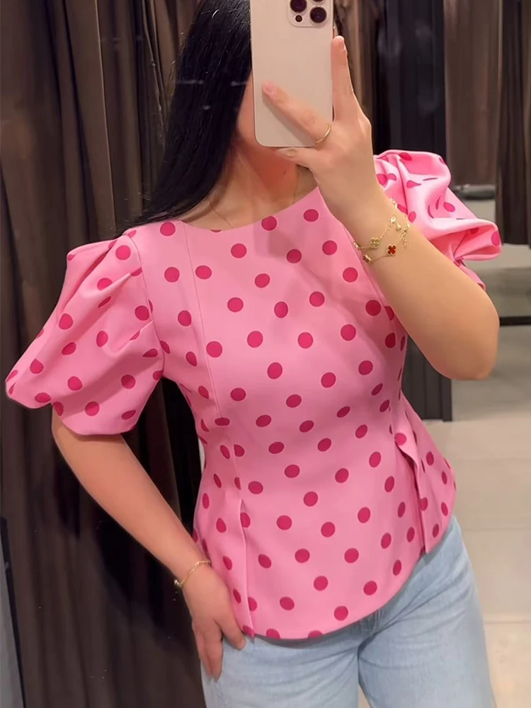 TFMLN Blusa Dulce para Mujer 2026, Estilo Urbano Chic, Cuello Redondo, Camiseta Casual de Verano, Vintage con Estampado de Puntos, Manga Corta Abullonada, Novedad