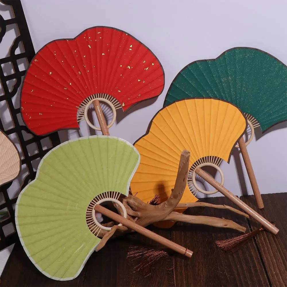 Crafts Double-sided Ginkgo Round Fan Exquisite Portable Rice Paper Fan Vintage Hand Circular Fan Summer Decor
