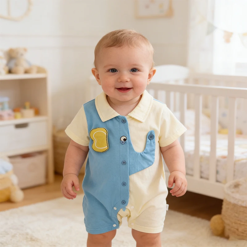Summer Baby Romper Baby Boy Short Sleeved Crawling Suit Babies Aged 3-18 Months Cute Elephant Lapel Cardigan Jumpsuit