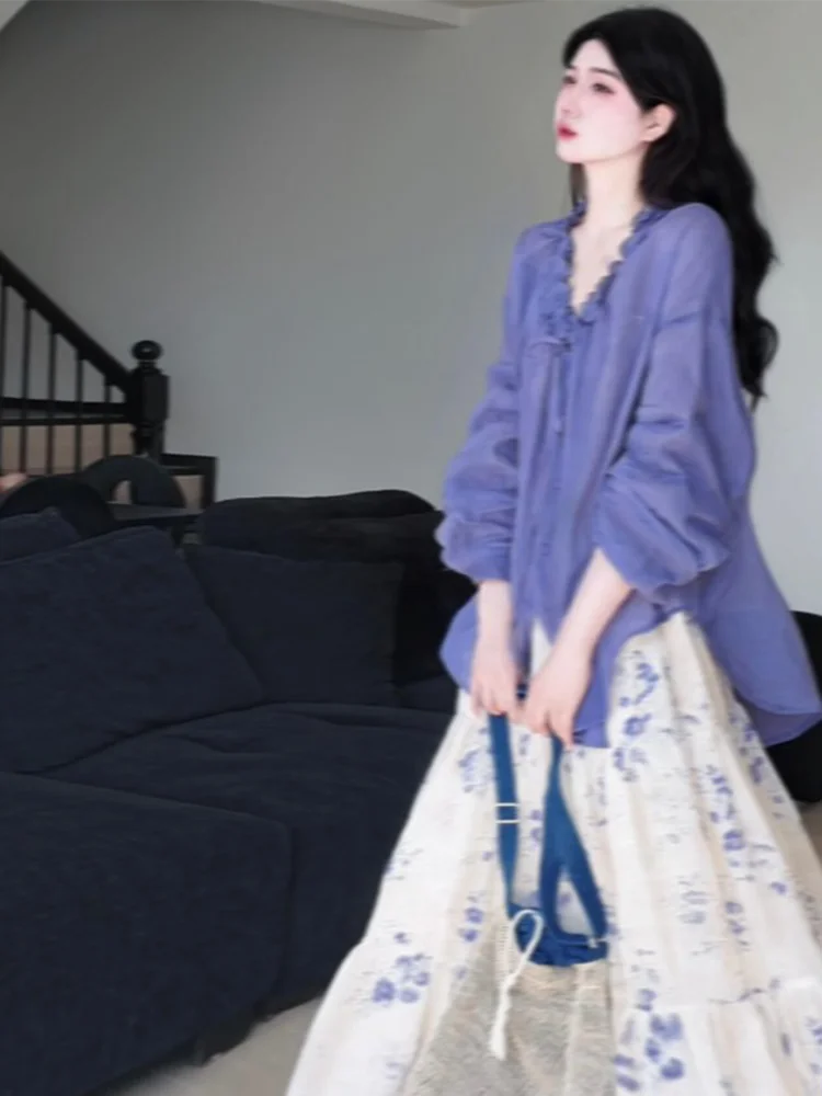 

Loose V-neck Bell Sleeve Shirt Women's Summer New Style Purple Wood Ear Design Tie Waist Thin Lazy Style Sun Protection Thin Top
