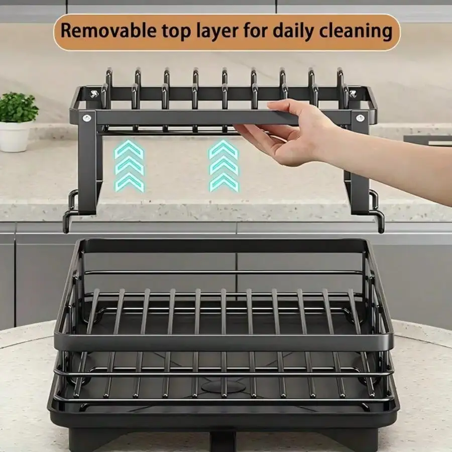 2 Tier Stainless Steel Dish Drying Rack with Drainboard, Large Rustproof Kitchen Counter Drainer for Bowls, Pans & Utensils, Detachable Water Drip Tray