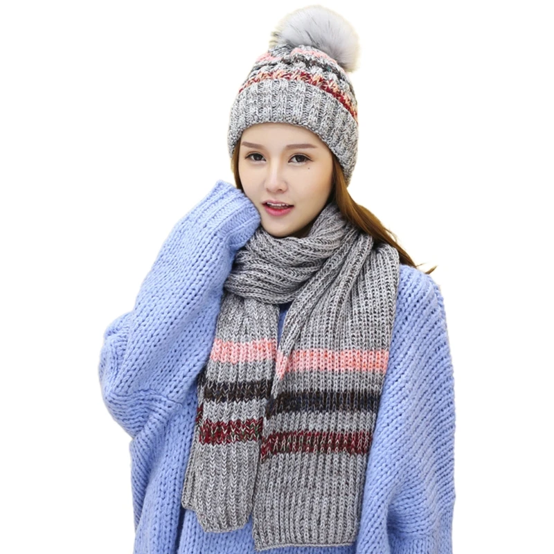 Women Winter Crochet Knitted 2 Pieces Beanie Hat Long Scarf Shawl Wrap Set Contrast Colored Striped Thick Plush Lined