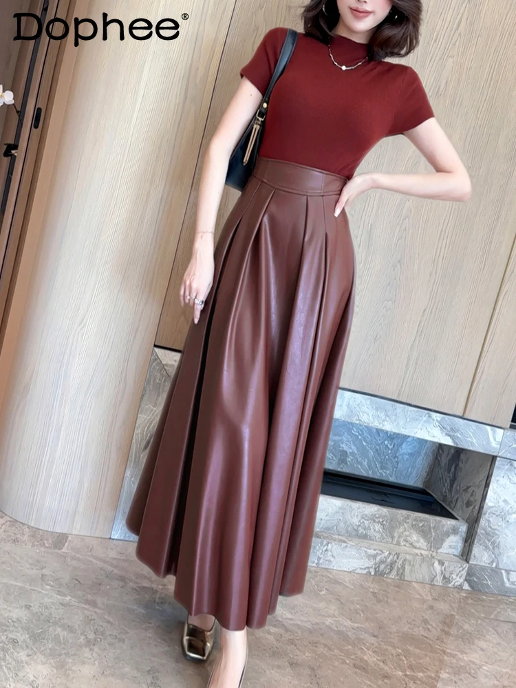 

Commuter Style Red Leather Skirt Autumn New A Line Skirt High Waist Umbrella Skirt Big Swing Skirts Korean Fashion Clothing