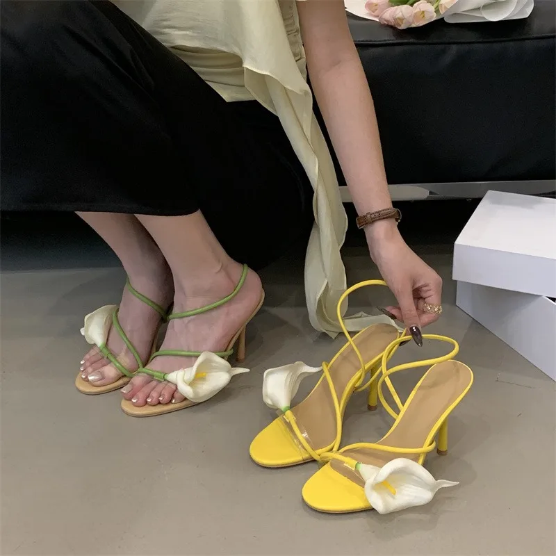 2026 Beach Party By The Sea High Heels Three-dimensional Flower Narrow Band Women Sandals Street Style Open Toe Party Prom Shoes