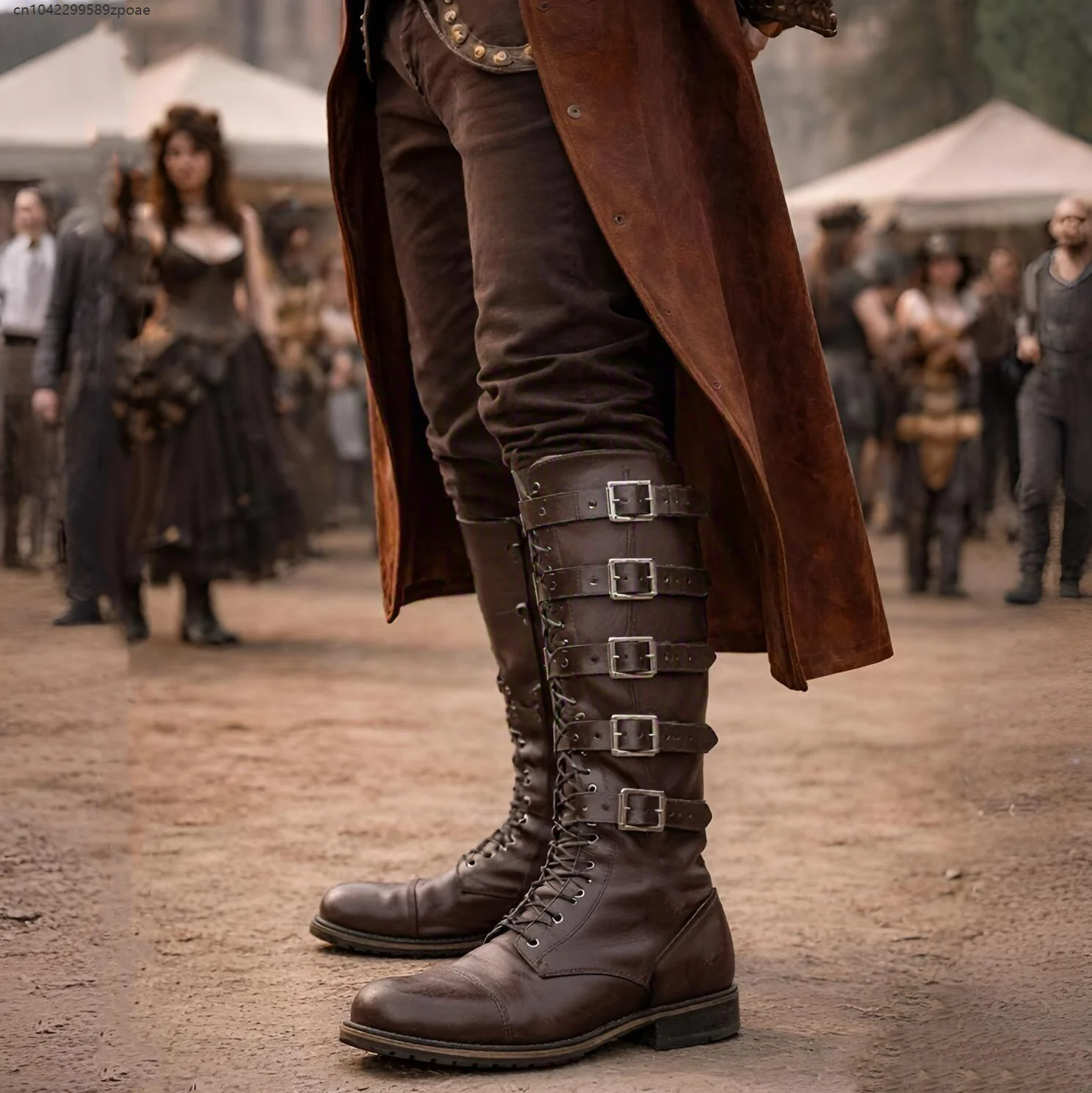 Men Steampunk Pirate Cosplay High Boots Renaissance Festival And Role Play Wear Shoes Retro Pu Leather Multi Metal Buckles Boot