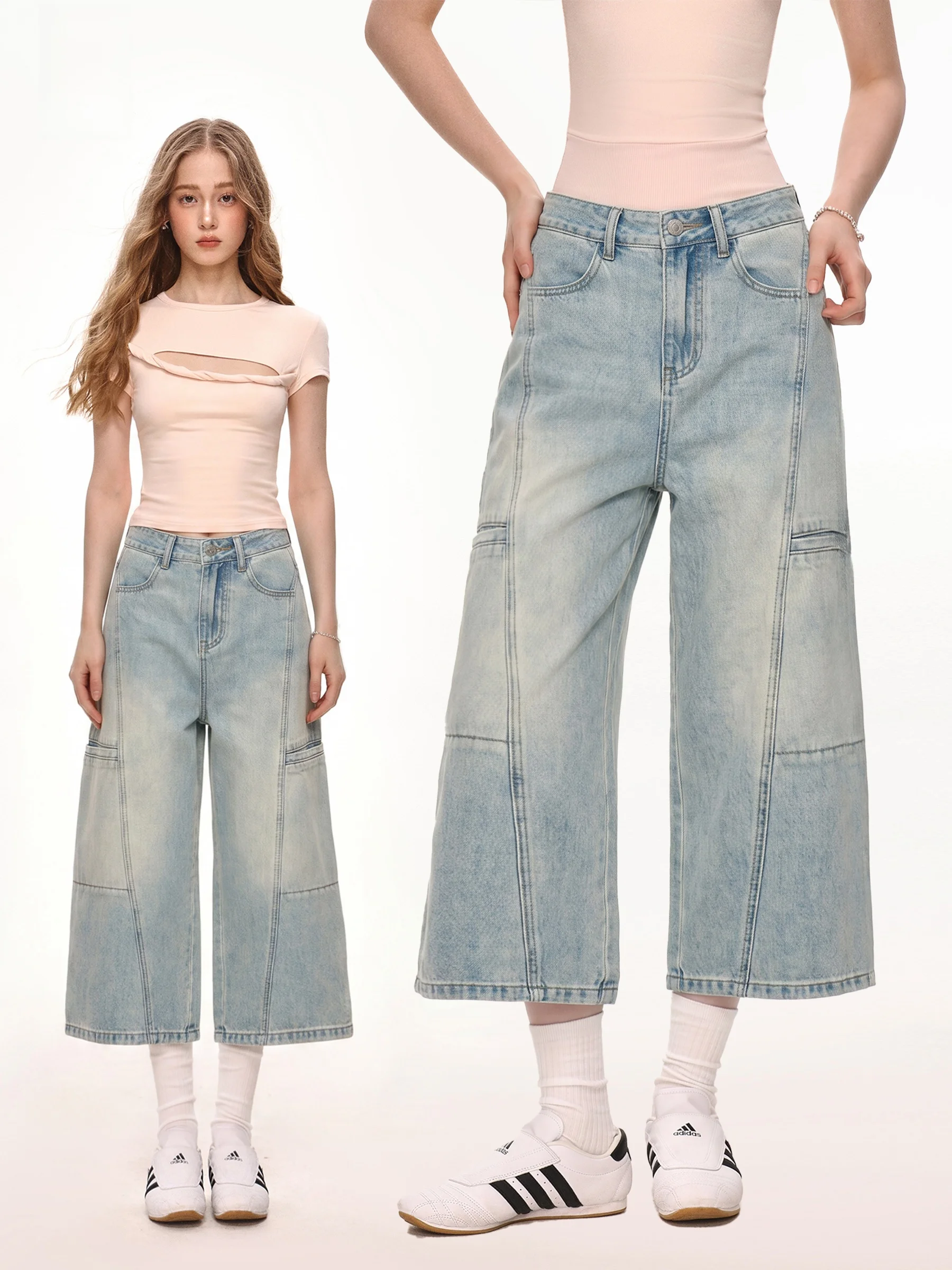 

November American Retro Low Waist Eighteen Jeans Women Summer Design Loose Casual Straight Leg Pants High Waist Splice Denim