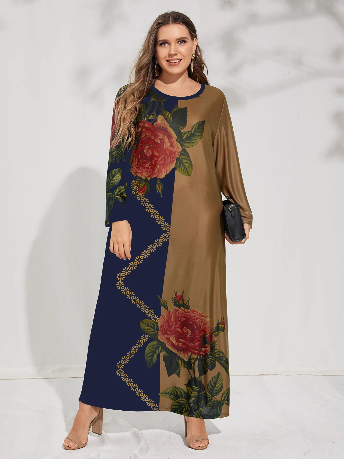 Plus Size Winter Dress Woman Female Long Sleeve Contrast Multicolor Floral Elegant Dress Large Curvy Size Women Clothing