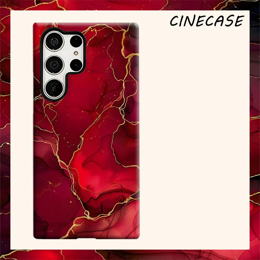 Red Gold Ink Marble For Samsung Galaxy S26 S25 S24 A56 A36 Dual Layer Luxury Fashion Full Lens Protective Case