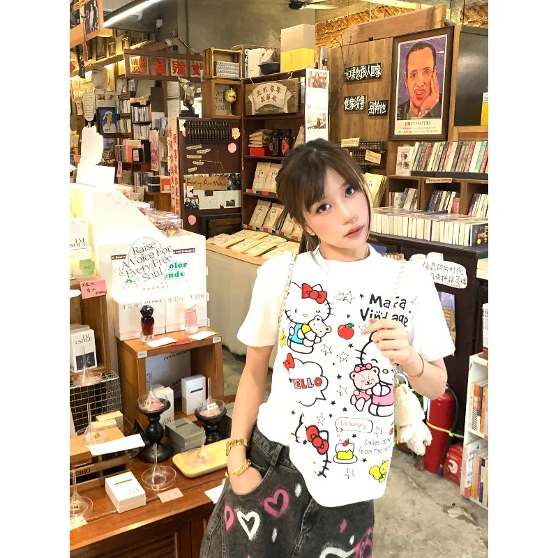 Korean Sweet Girl White Kitty Graffiti Short sleeved T-shirt for Women's Summer Atmosphere Cute Top