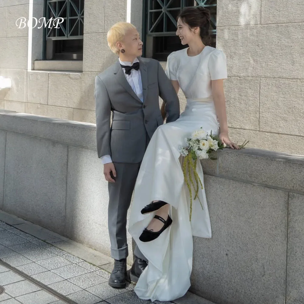 

TLIT Simple Silk Satin A-Line Wedding Dresses Korea Wedding Dress Photo Shoot Short Sleeves Backless Buttons Customized Gown