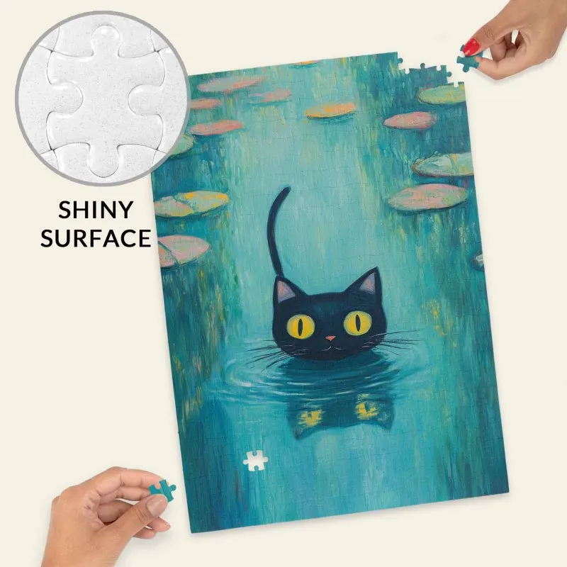 Quebra-cabeça de 500 peças para adultos - Gato preto em nenúfares, arte impressionista caprichosa Quebra-cabeça