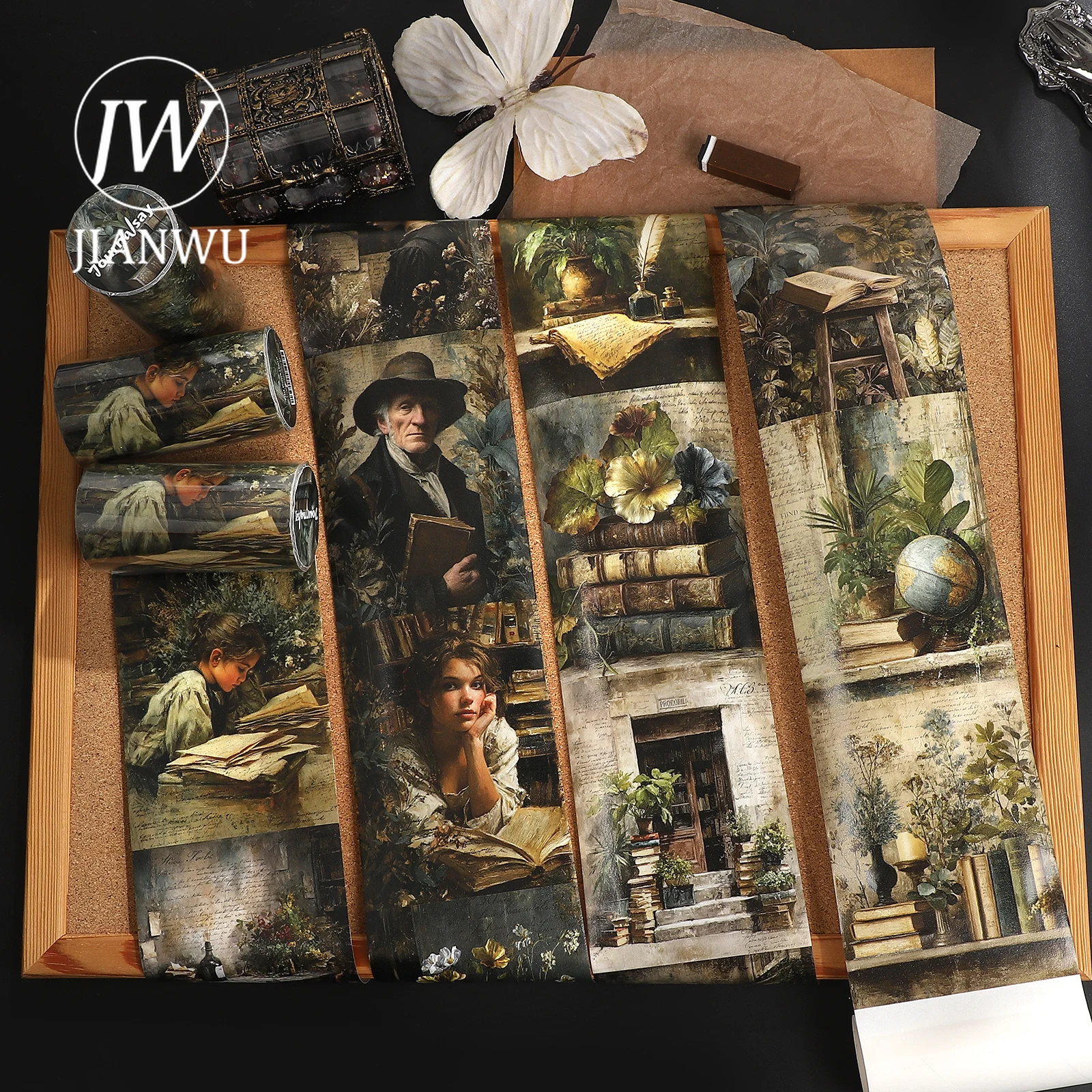 JIANWU 80mm*205cm Vintage Altes Buchhandlungs-Blumen-Charakter-Landschaftsmotiv Collage Washi Tape Kreatives DIY Journal Schreibwaren
