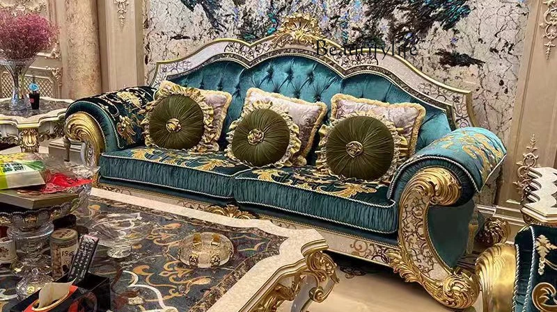 Luxury European solid wood carving flower parquet craft sofa court fabric large apartment villa designer