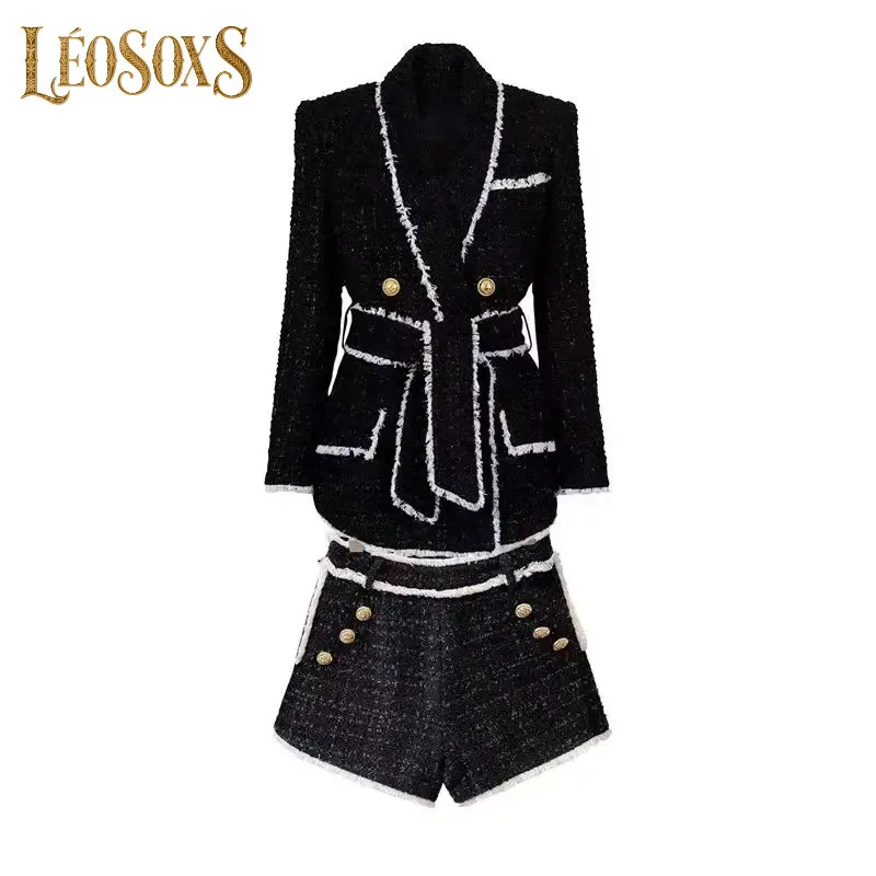 LEOSOXSSpring And Autumn New Women's Double Breasted High End Coarse Tweed Waist Collection Long Sleeved Suit Top Coat With Shor