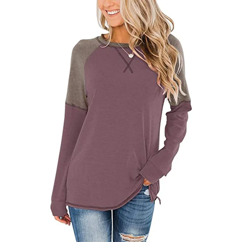 New European and American Women\'s Long Sleeve Splicing Round Neck Casual T-shirt Loose Top