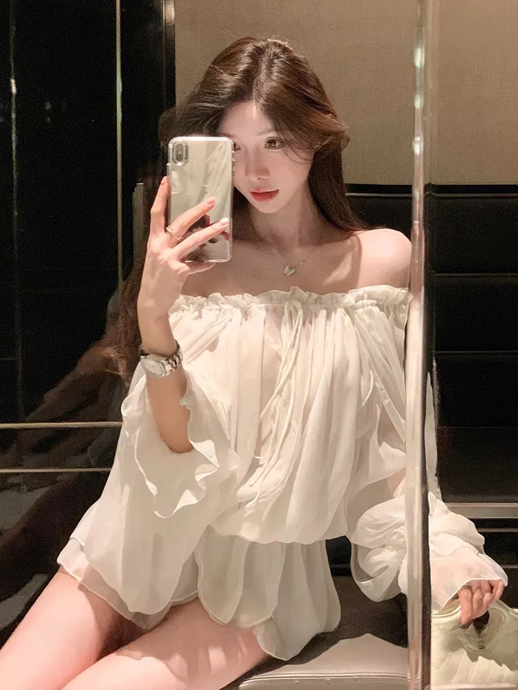 

White One-oulder Long-Sve Chiffon irt Women's Summer High-End Pure Desire Unique Beautiful Top French Sle Loose Fit