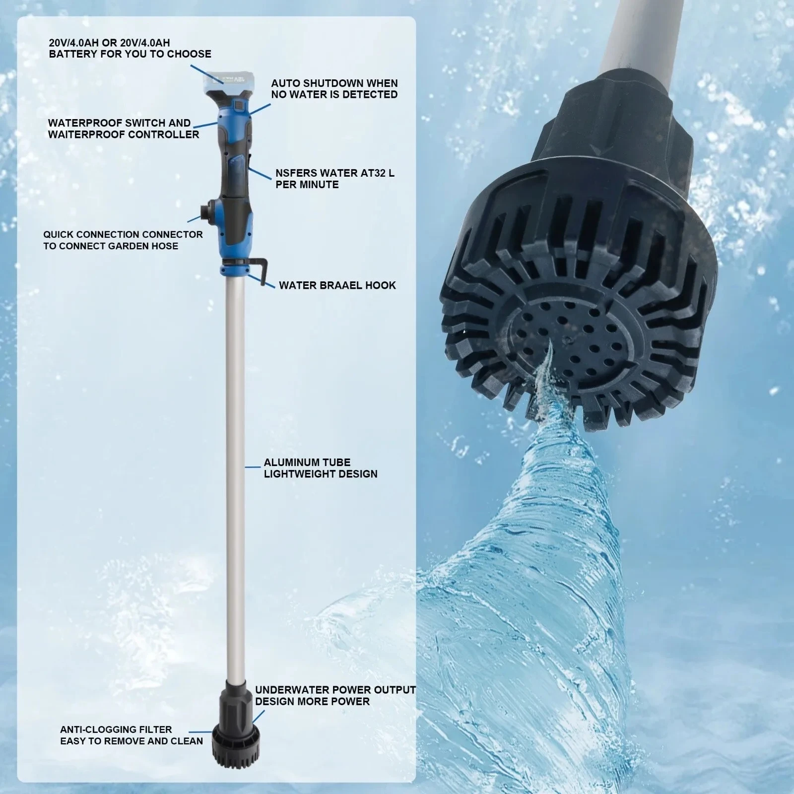 20Vportablefoldable cordless water pump, suitableforgardensand swimming pools. Itdoesnot include abattery and usesMAKITA battery